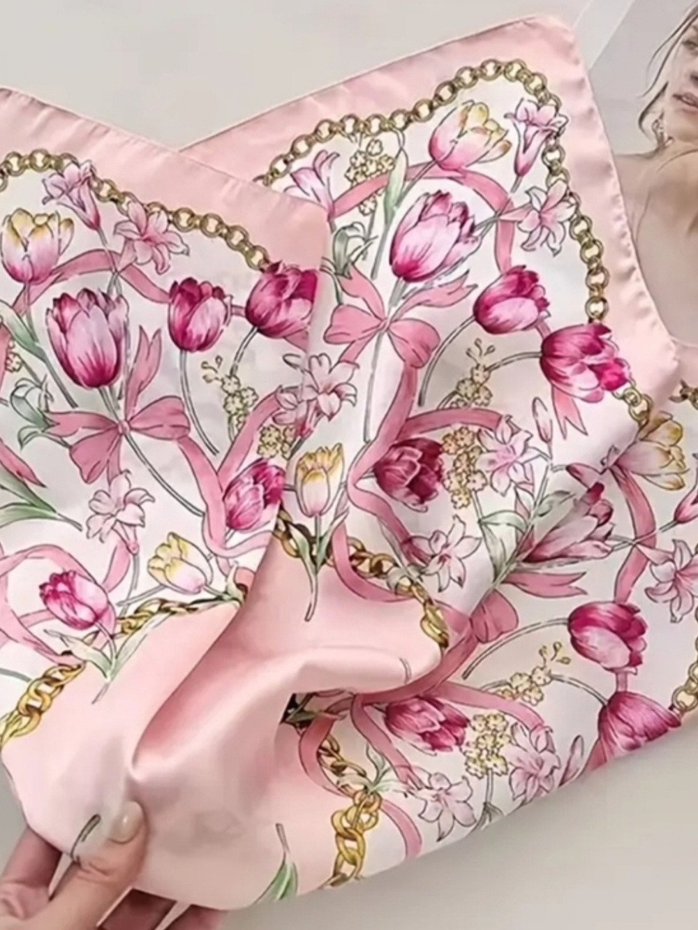 Pink Floral Silk-Feel Scarf with Gold Chain Motif - Picture 2 of 5